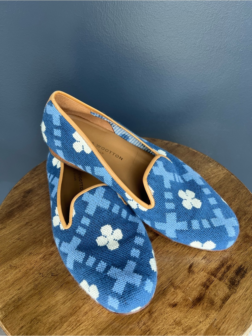 Stubbs & Wootton Blue and White Floral Needlepoint Loafers